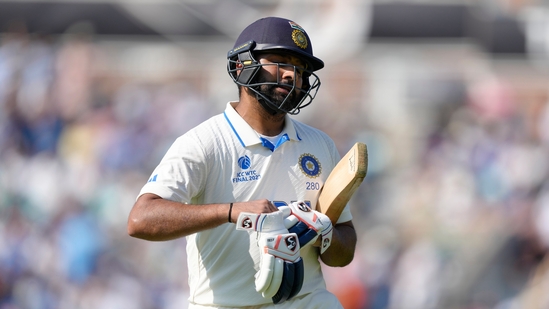 India's Rohit Sharma reacts after being given out lbw off the bowling of Australia's Nathan Lyon on the fourth day of the ICC World Test Championship Final between India and Australia at The Oval cricket ground in London, Saturday, June 10, 2023. (AP Photo/Kirsty Wigglesworth)(AP)