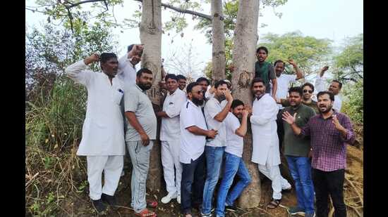 SP MLA Atul Pradhan (third from right in front row) staging a protest against the felling of trees in Meerut on July 1. (Sourced)